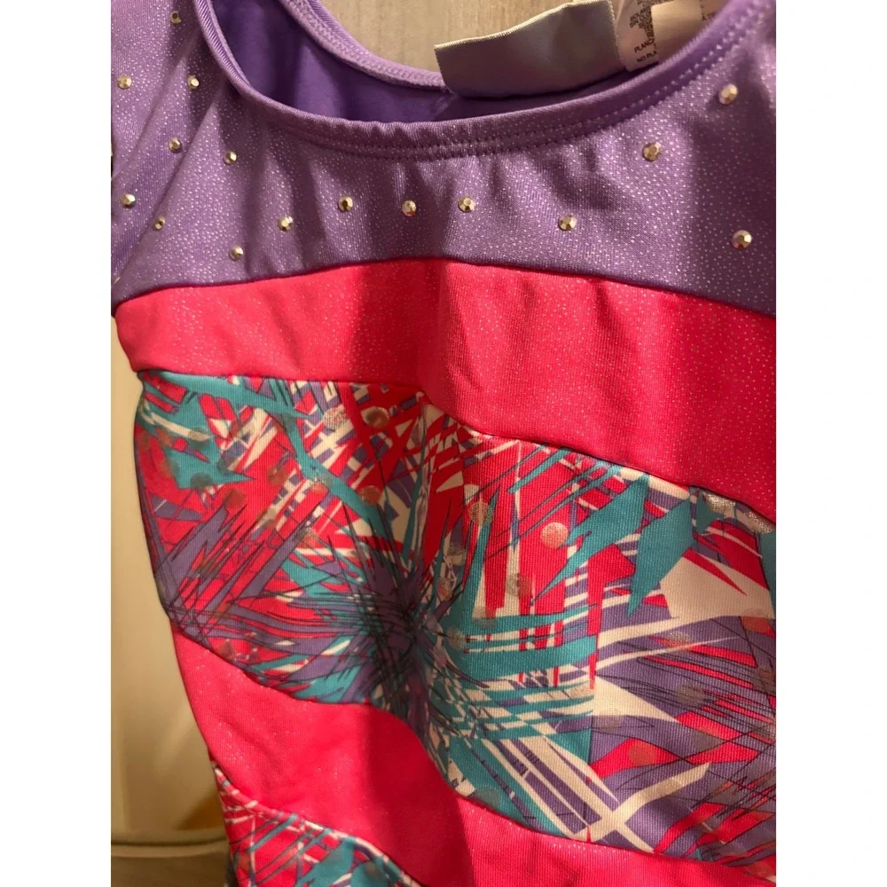 Freestyle Danskin Girls Gymnastics Leotard Pink Purple Abstract Rhinestone 10/12
